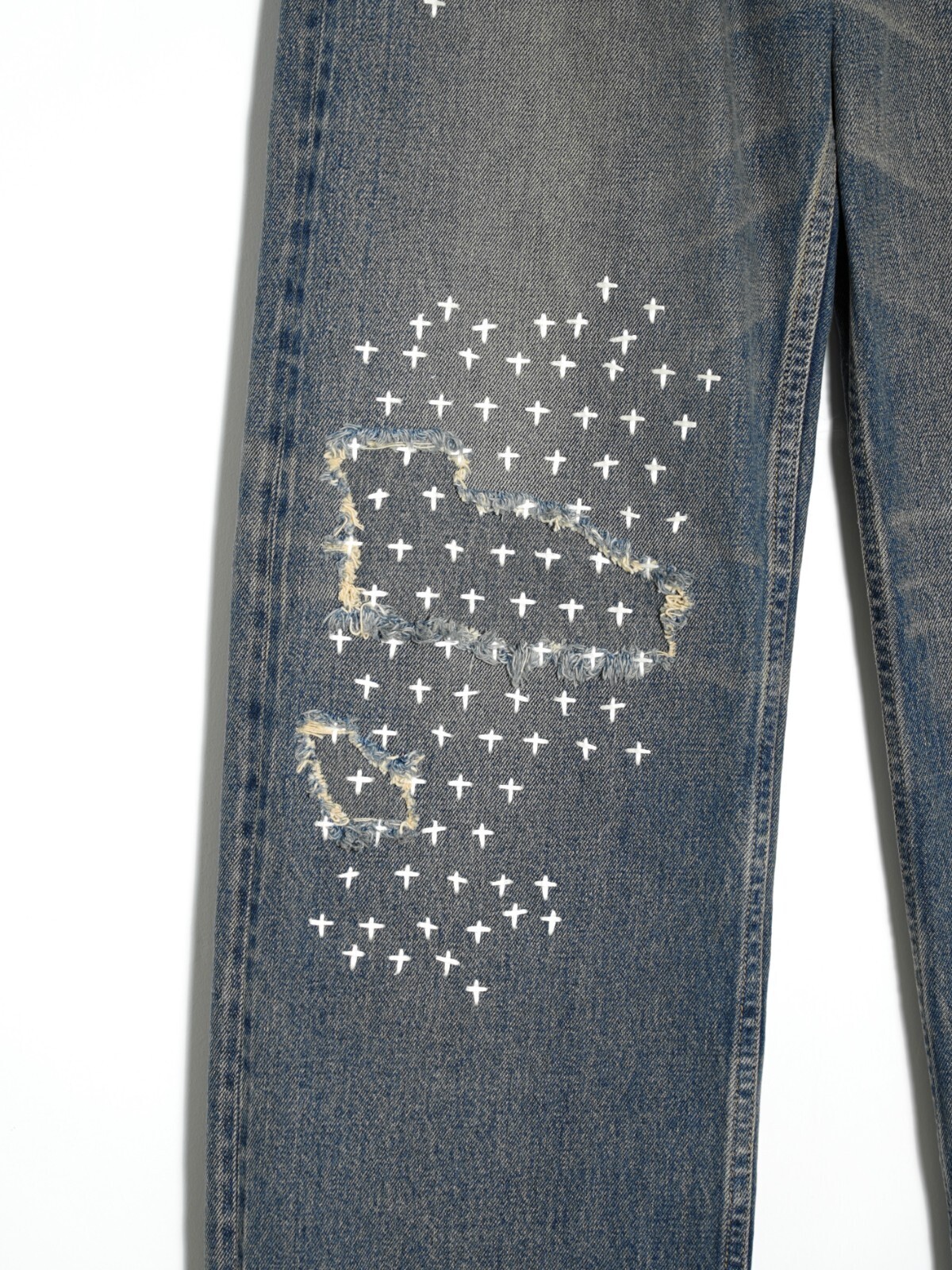 DAIRIKU MENS "Straight"Cross Embroidery Vintage Denim Pants IMAGE13