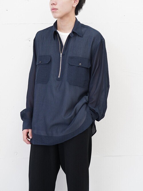 HALF ZIP SHEER PULLOVER SHIRTS - Gingham check Indian fabric -｜SEVEN BY SEVEN 男士