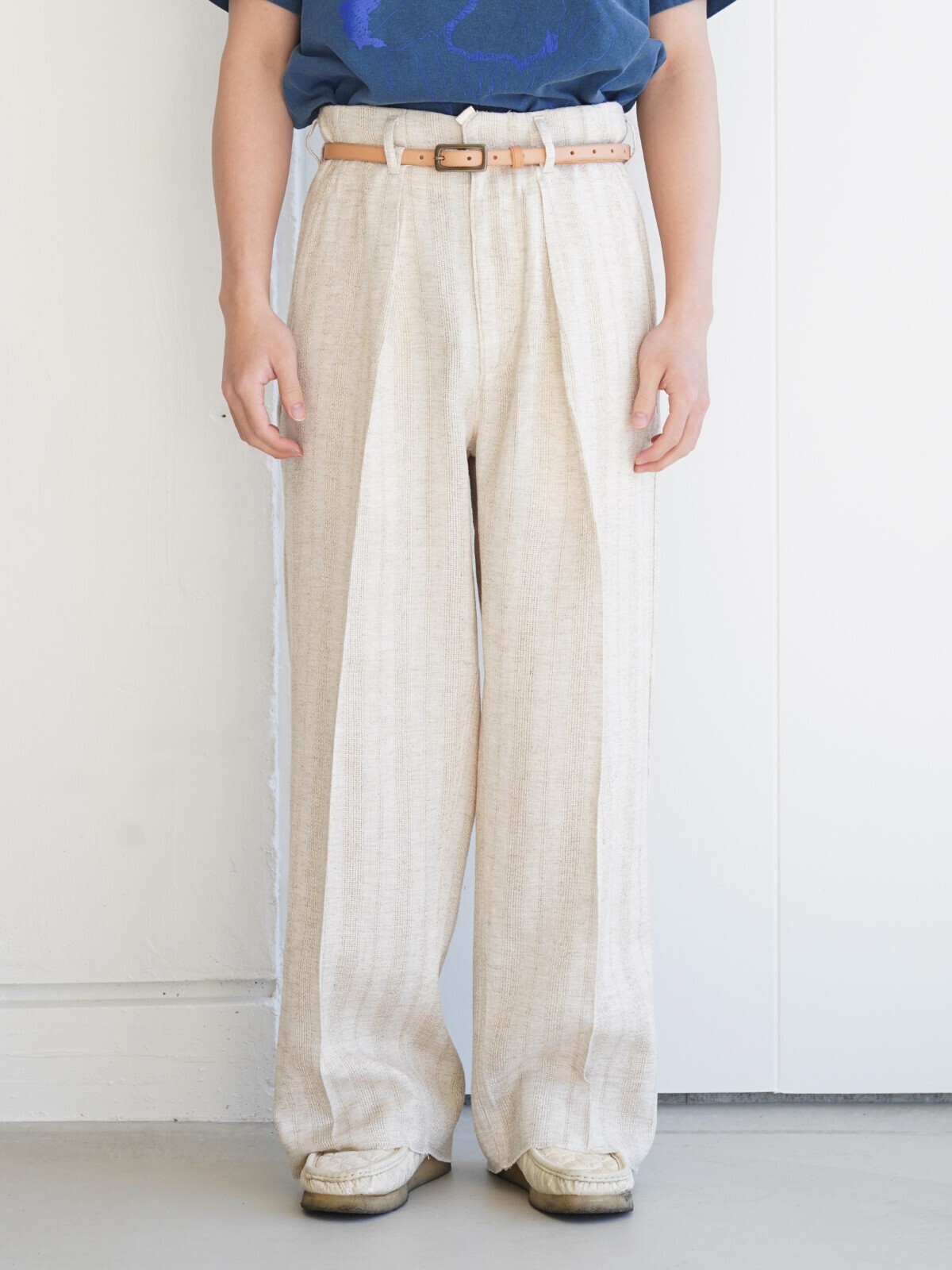 saby 男士 JACQUARD LINEN STRIPE TUCK-BAGGY - Bishu Japan - 圖片1