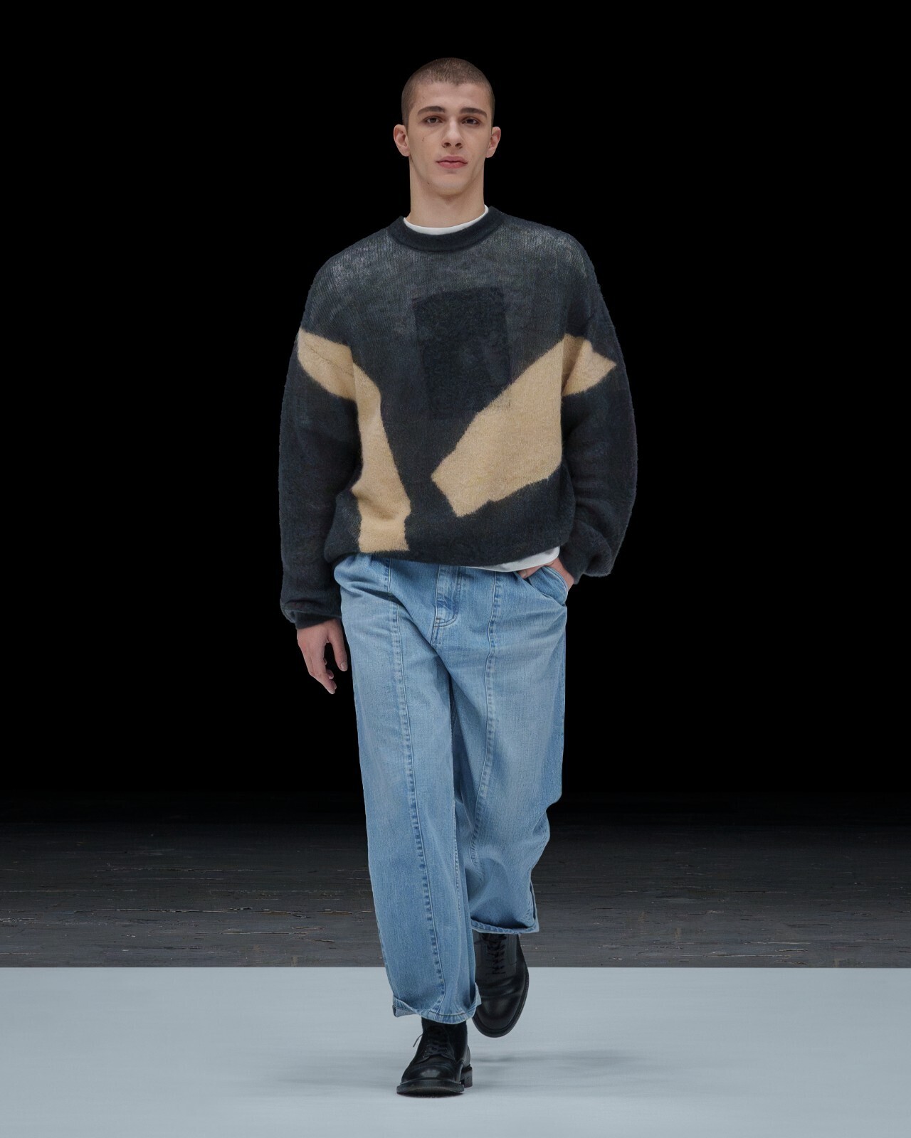 YOKE MENS Vintaged Wash Denim 3pleated Wide-leg Trousers IMAGE5