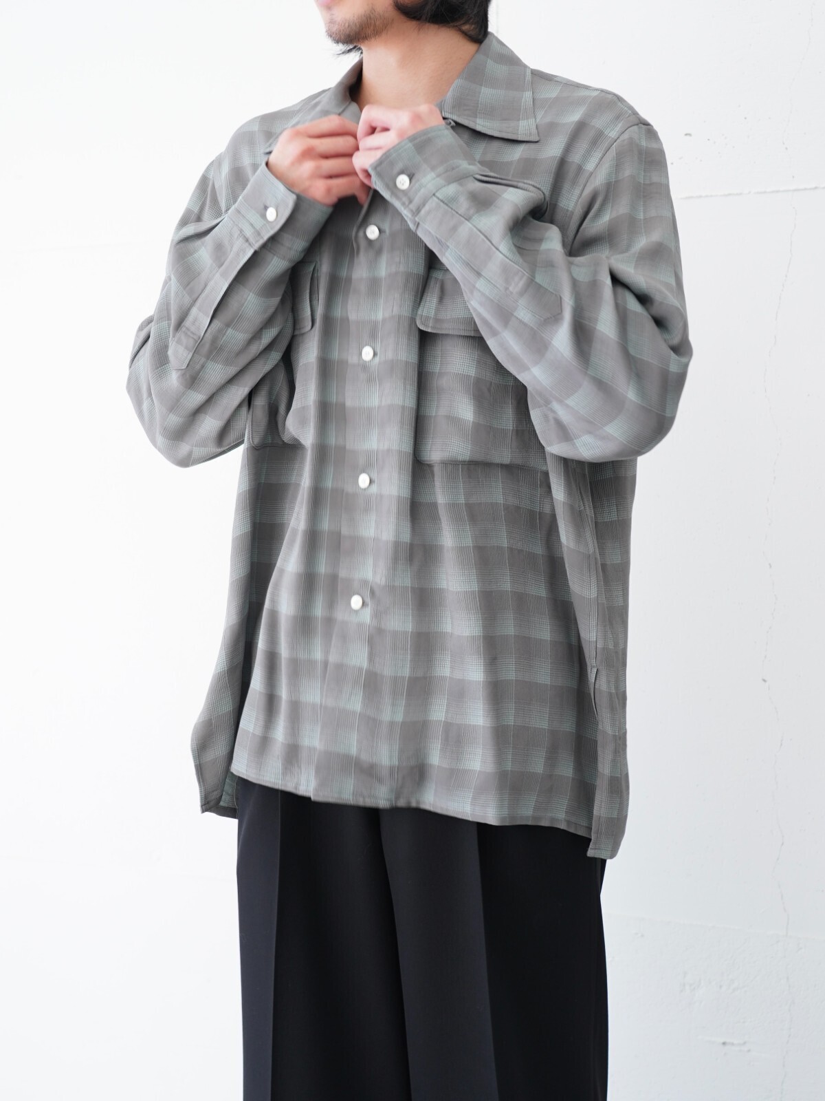 YOKE MENS Jacqard Plaid Open Collar Shirt IMAGE5