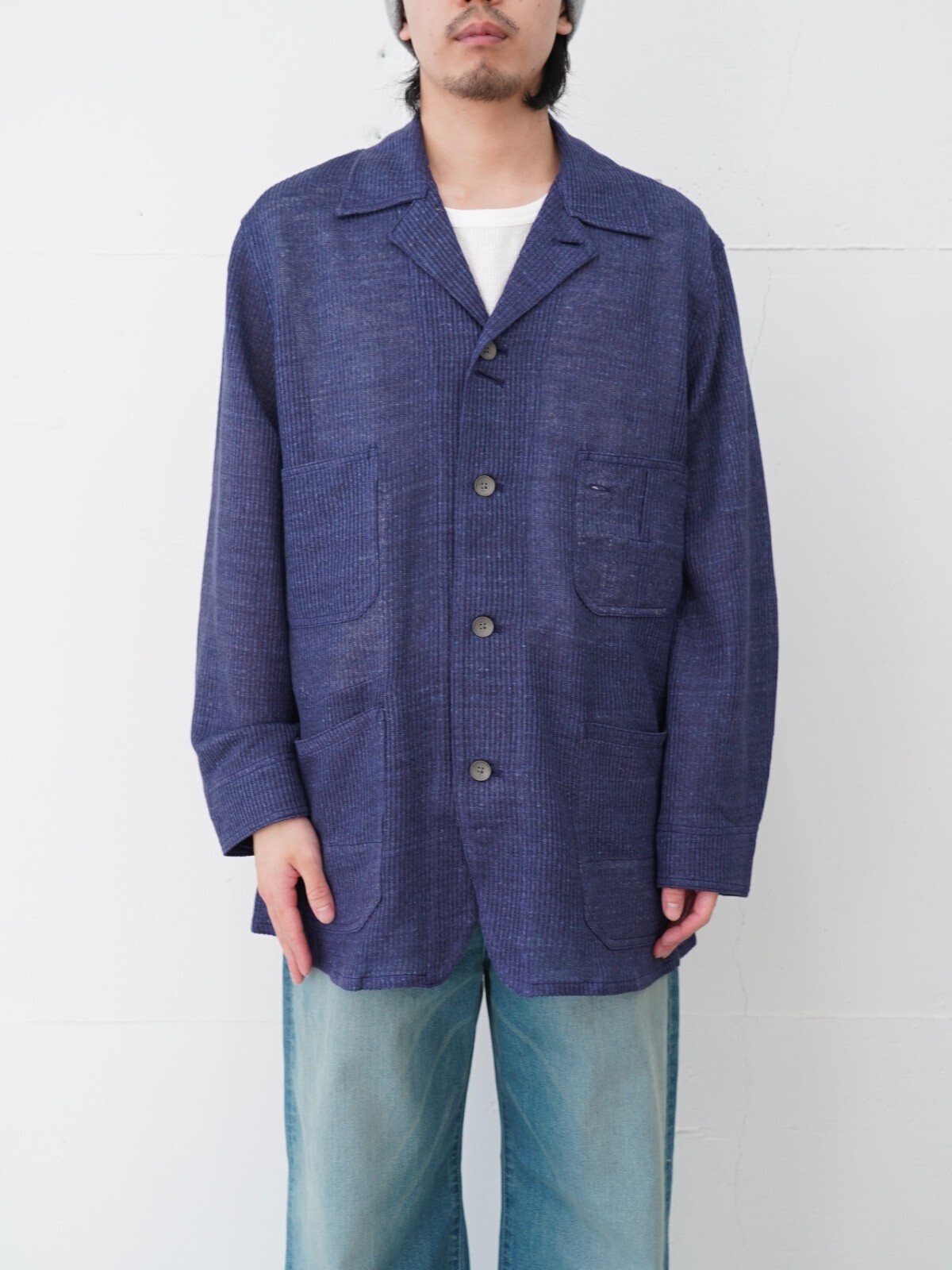 saby 남성 WORKERS JACKET TYPE S.B - Bishu Japan Linen Mesh Jacquard FAB - 이미지2