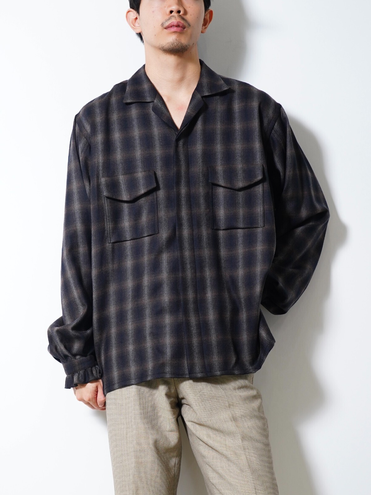 SARTO MENS WOOL OMBRE CHECK OPEN COLLAR SHIRT IMAGE4
