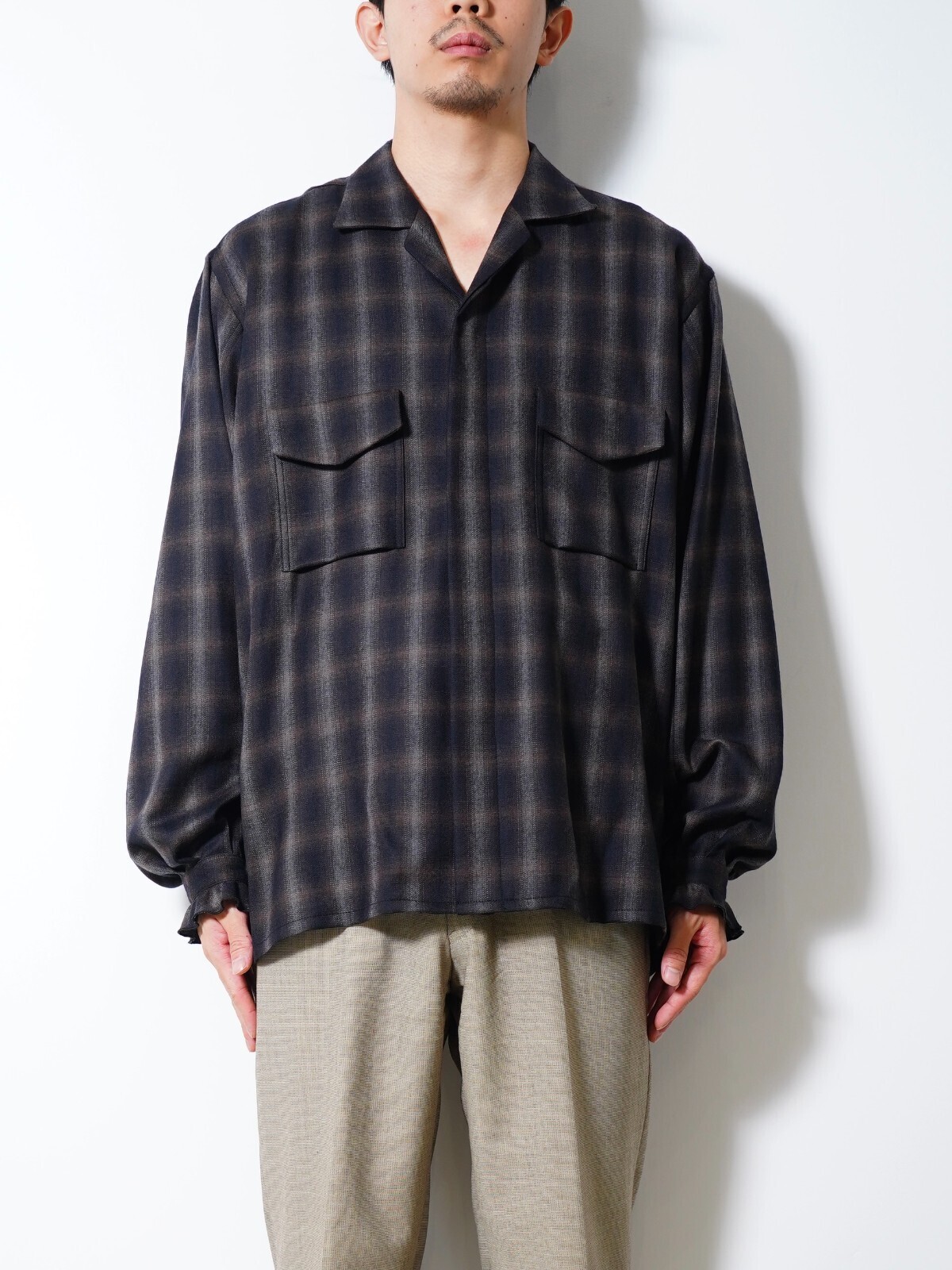 SARTO MENS WOOL OMBRE CHECK OPEN COLLAR SHIRT IMAGE1