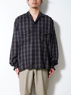 サルト(SARTO) MENS WOOL OMBRE CHECK OPEN COLLAR SHIRT BLACK x DARK BROWN M