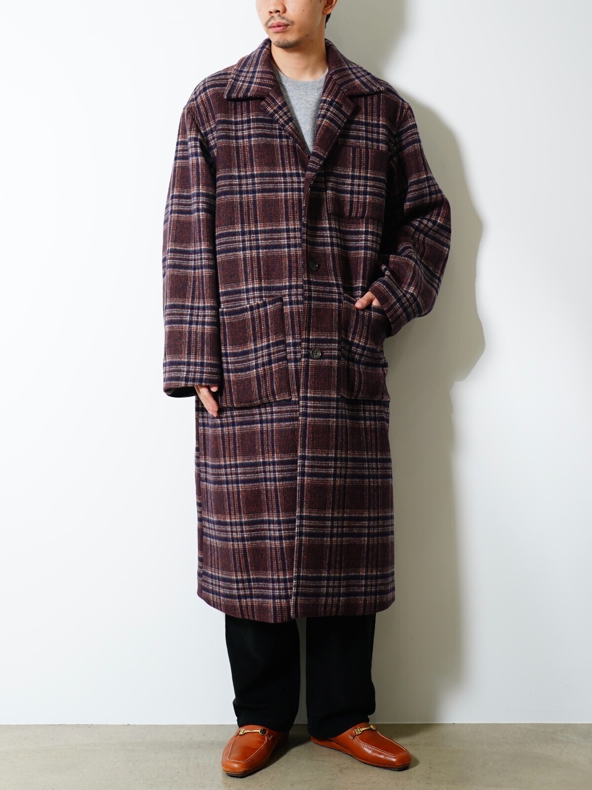 FUJI 남성 WOOL CHECK BALMACAAN COAT 이미지5