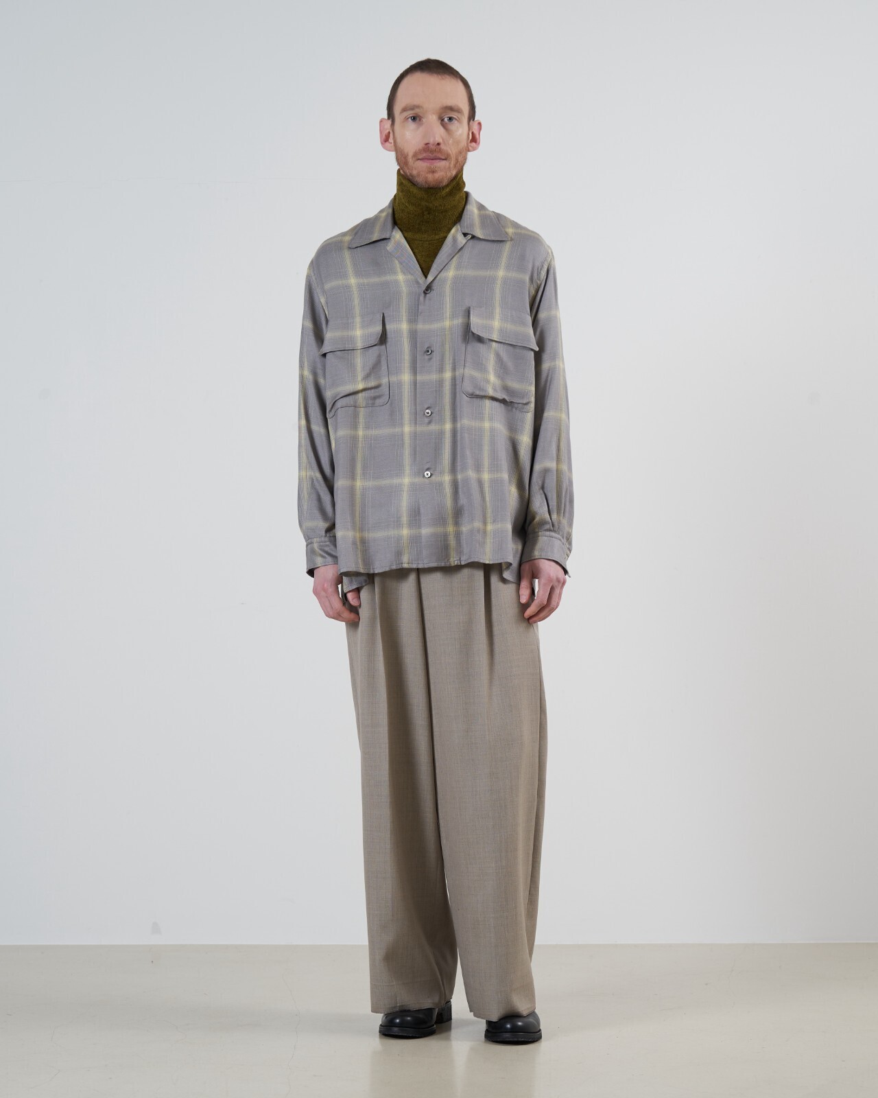 YOKE 女士 & 男士 RAYON WOOL PLAID OPEN COLLAR SHIRT 圖片8